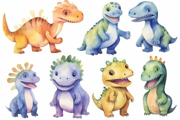 Naklejka premium Watercolor paintings, set of various dinosaur species. have a smiling face on a white background