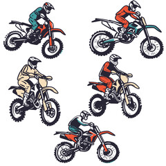 Motorcycle riders racing bikes offroad, motocross sports action. Motocross athletes wearing helmets, riding dirt bikes, competition. Set riders dynamic poses, extreme sport biking