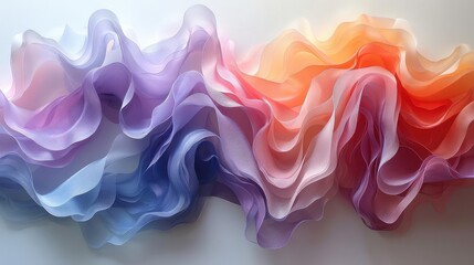 An abstract painting of translucent waves of color, with a gradient from purple to orange. The waves are arranged in a horizontal row, and the painting has a soft, ethereal feel.