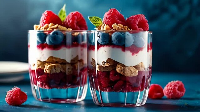 Raspberry Parfait Dessert in Glass Cups.Delicious layers of raspberry parfait with fresh raspberries and crumbled biscuits, garnished with mint, served in glass cups.