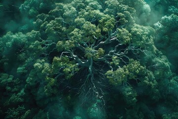 An ancient, towering tree stands in the middle of a lush forest