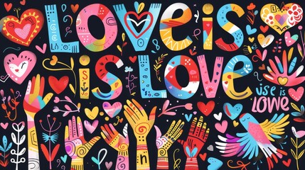 Colorful love is love illustration with vibrant symbols of peace and equality