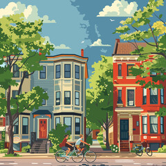 Naklejka premium Couple riding bicycle in city street. Vector illustration in flat style
