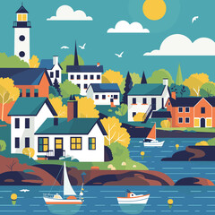 Cityscape with houses, boats and lighthouse. Flat style vector illustration.