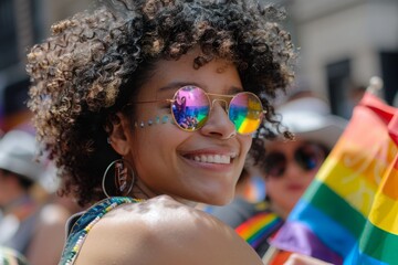 Woman Celebrating at Pride Parade With Colorful Rainbow Flag