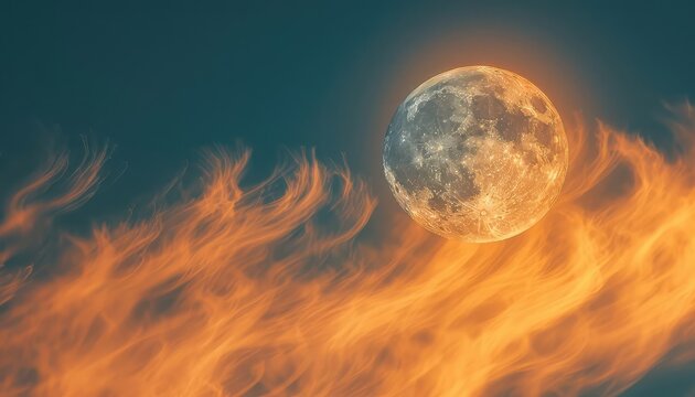 A beautiful full moon rises over the horizon, casting a golden glow on the clouds below.