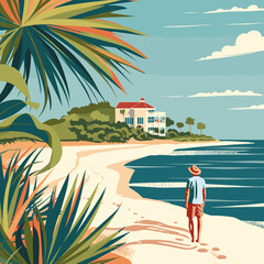 Beach in the tropics. Vector illustration in flat style.