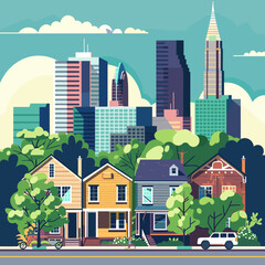 Cityscape with houses and trees. Vector illustration in flat style.