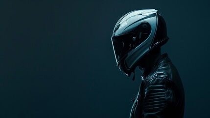 Mysterious biker in helmet and leather jacket