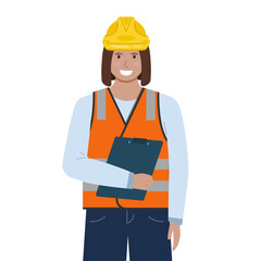 Female site engineer character isolated on white background. Vector illustration of woman wearing hard hat and safety vest. 