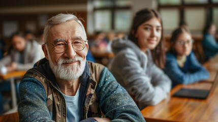 Photo of amazing aged grandpa in classroom university. elderly pensioner student looking at camera. Never late study concept.