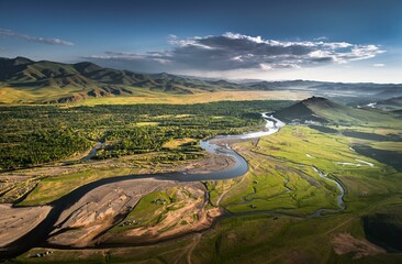 River Tuul, river meander in summer, hilly country, Tov province, Mongolia, Asia