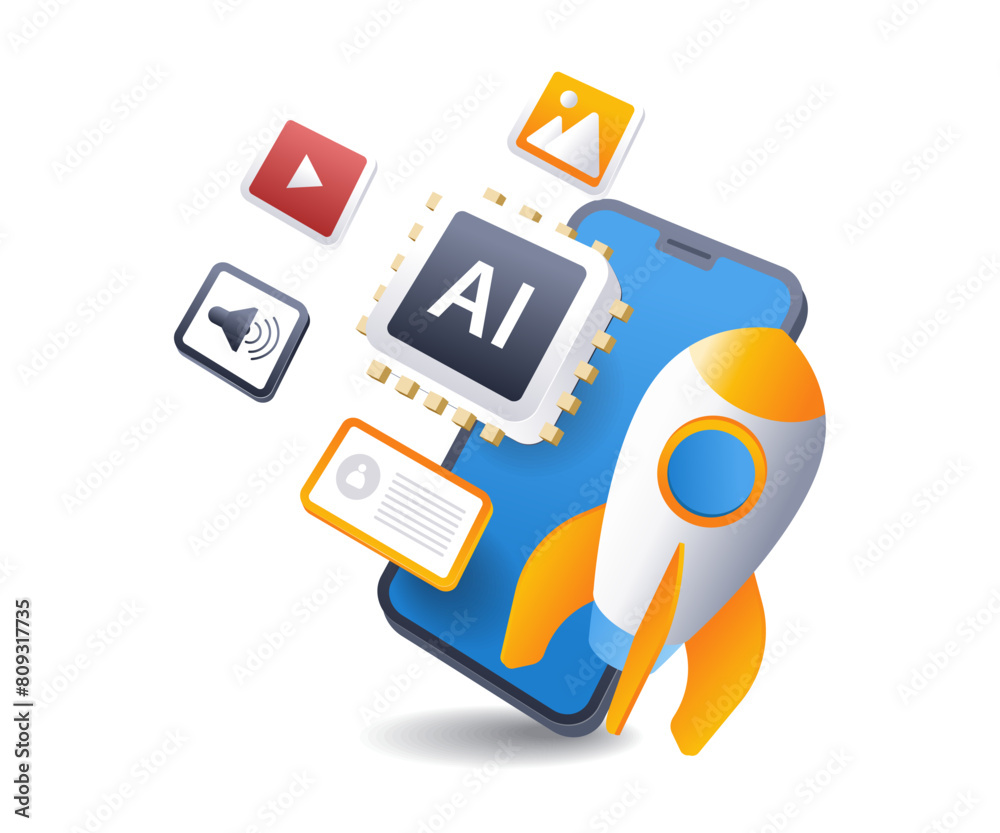 Aufkleber launching smartphone artificial intelligence application infographic 3d flat isometric illustration