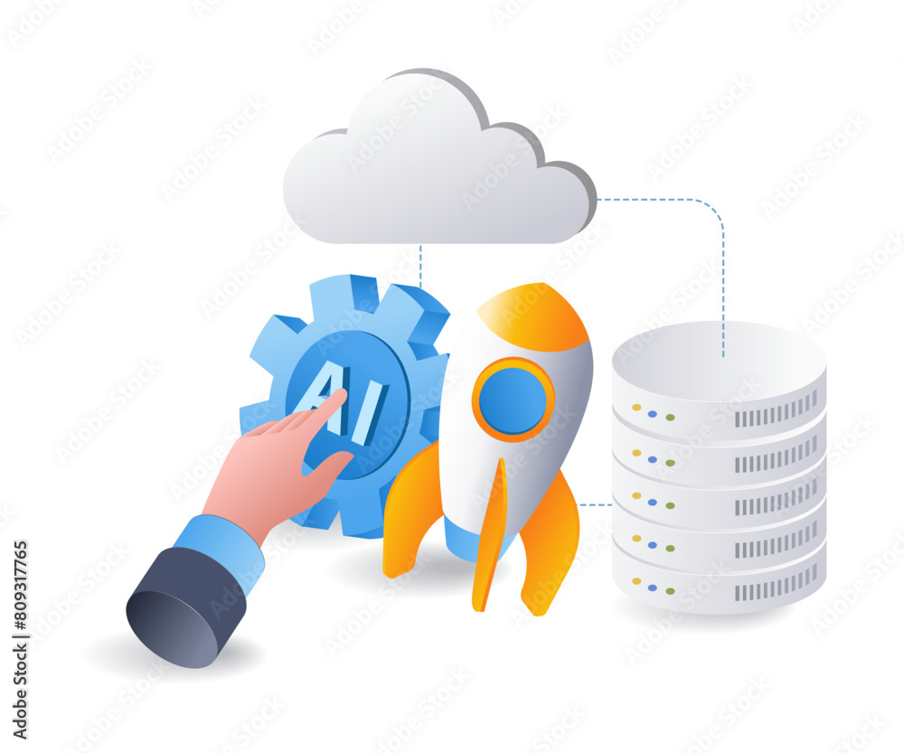 Poster launching artificial intelligence cloud server technology infographic flat isometric 3d illustration