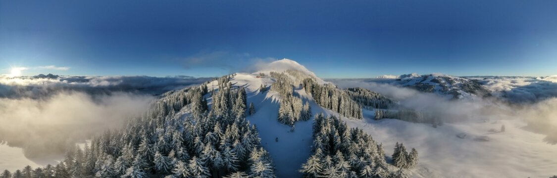 Mountain peak Hohe Salve, mountains with snow in winter, aerial view, Brixen im Thale, Tyrol, Austria, Europe