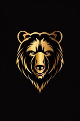 Golden bear head logo illustration on black background. Emblem, icon for company or sport team branding