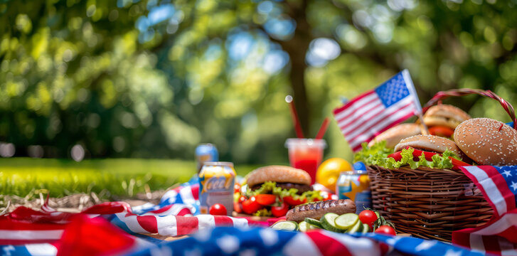 USA independence day concept, picnic with flag and tipical food