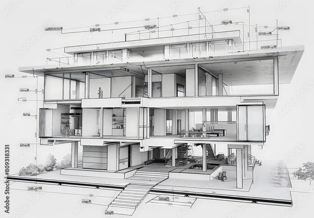 Poster Wireframe rendering of a contemporary house with technical details