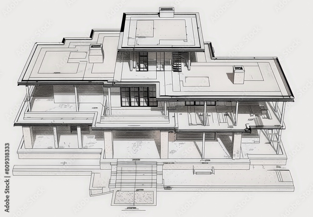 Poster Wireframe rendering of a contemporary house with technical details