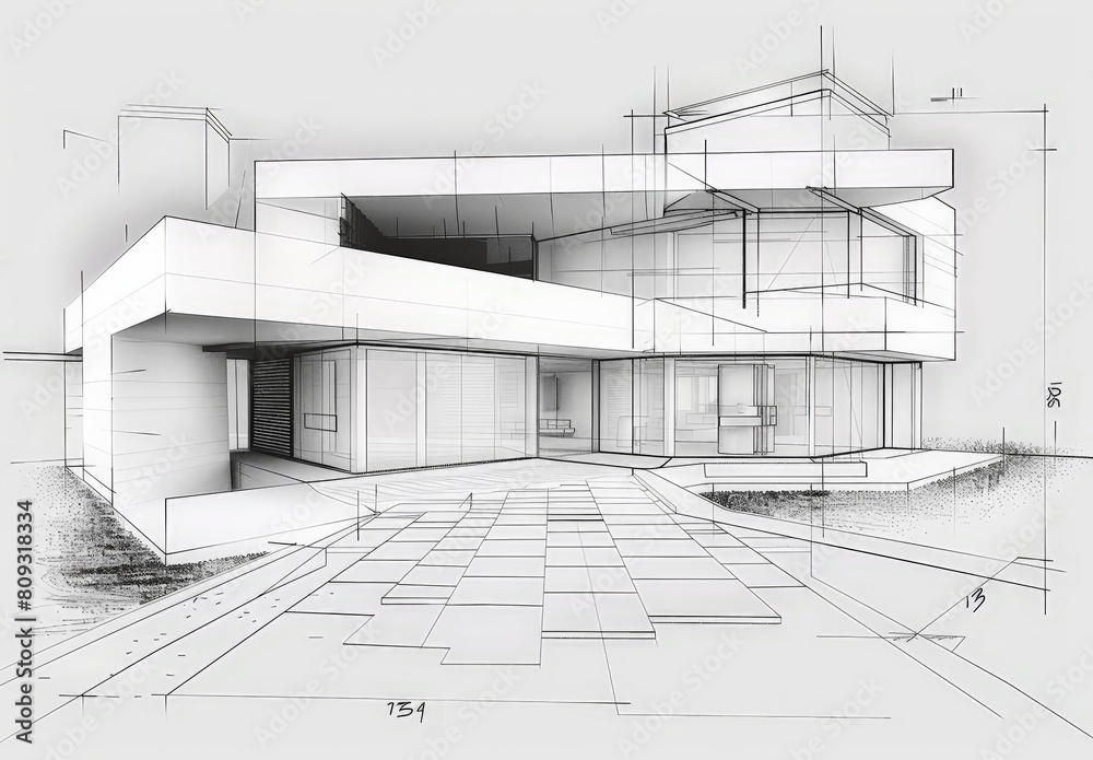 Poster wireframe rendering of a contemporary house with technical details