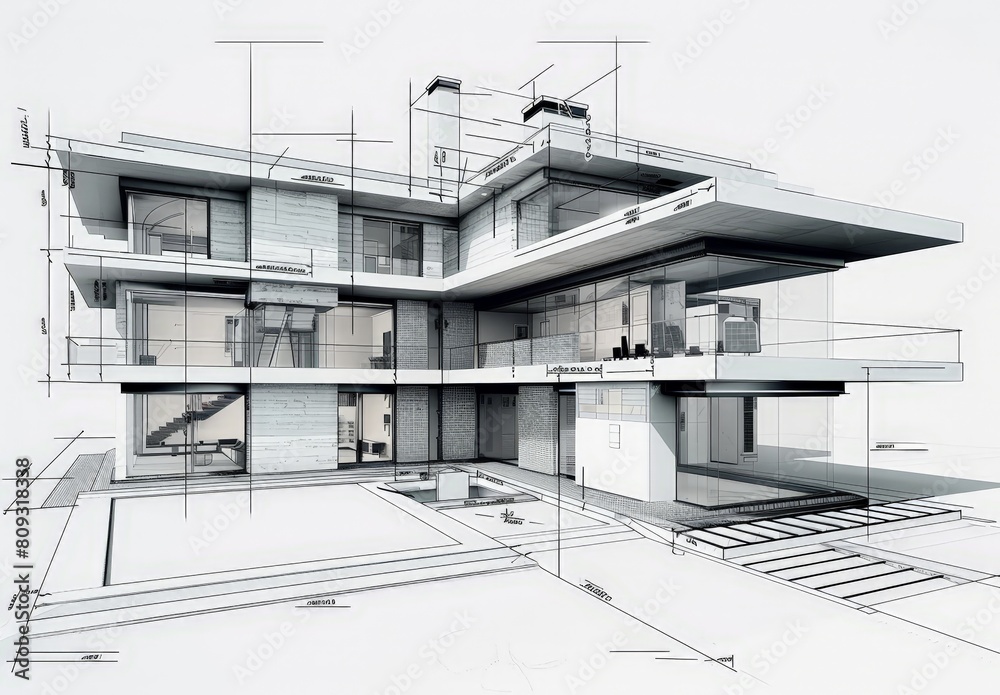 Poster wireframe rendering of a contemporary house with technical details