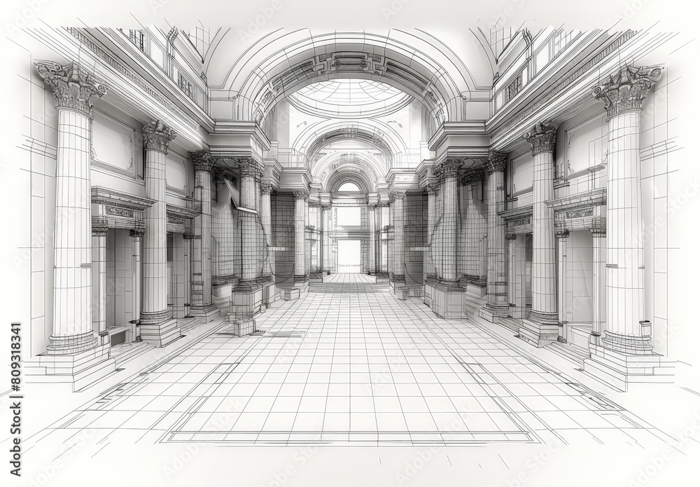 Poster Wireframe rendering of an ancient building in the classical style