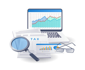Income tax financial analysis data, flat isometric 3d illustration infographics