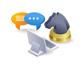 Horse talking on computer infographic 3d illustration flat isometric