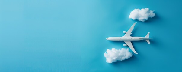 Airplane model with clouds on blue background