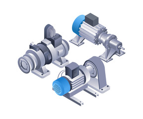 Industrial water pump machine infographics flat isometric 3d illustration