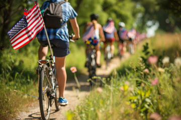 Group of People Riding Bikes Down Dirt Road. Generative AI