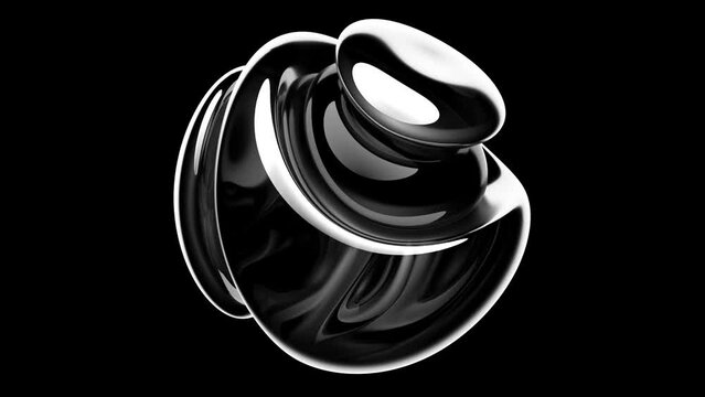 3d render of abstract art with surreal 3d organic alien ball or liquid substance in curve wavy smooth and soft biological white lines forms in glossy transparent plastic material on black background