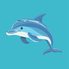 Fototapeta premium Smiling cartoon dolphin swimming in clear blue water.