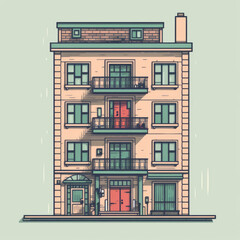 A detailed sketch of a tall urban building with multiple balconies, showcasing architectural features and design elements