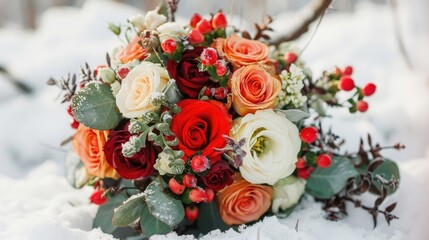 Beautiful stylish wedding bouquet on the snow