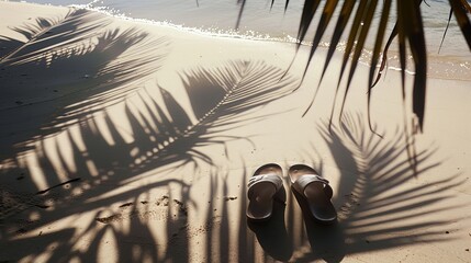 An image capturing beach shoes cast in the shadow of a palm tree, subtly suggesting a leisurely beach setting
