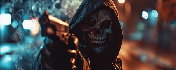 A man in a mask with a gun in his hand aims at an unknown aboutbjekt.