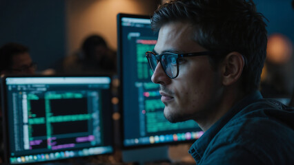 Tech Professional Programming on Computer for Website Design, Coder Working on Code Technologies Beyond Office Hours