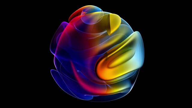 3D render of abstract art video of surreal alien ball flower in spherical round wavy smooth soft biological lines forms in transparent plastic in pink purple blue gradient color on black background