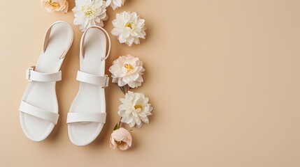 Spring or summer women's fashion footwear featuring white dress sandals with flowers, elegantly arranged on a pastel beige background, complete with ample space for text