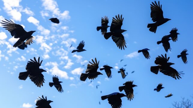 Many jackdaws flying in the azure sky