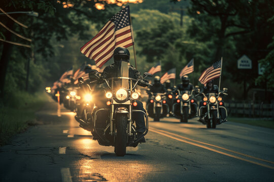 Group of Motorcycles Riding With American Flags. Generative AI