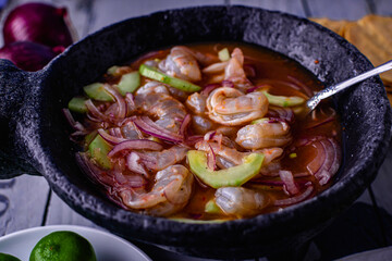 Shrimp marinated in lemon and chili closeup
