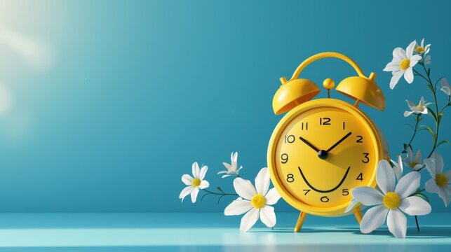 Cheerful yellow alarm clock with flowers on blue background, concept of joyful and happy moments, banner, copy space