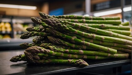 a bunch of fresh green asparagus is displayed on a vegetable shelf with blurred background in a fruit and vegetable shop. Ai Generative.