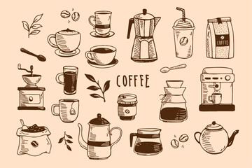 Fototapeta premium vintage Illustration set of coffee shop with hand drawn style. handdraw Vector graphics