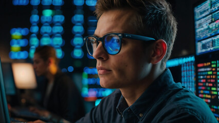 Male Programmer Solving Problems on Laptop with Vibrant and Mockup Screen for Networking and Software Development, male person coding or developer working on computer display, solving coding problem