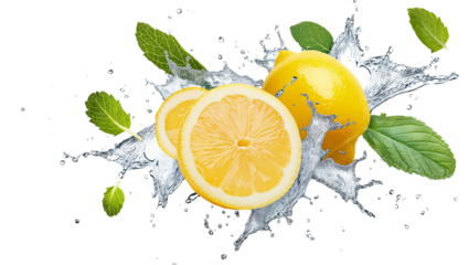 Lemon water splash isolated on a white transparent background, png. Lemon fruit slice, leaves and water splash. background water wave, citrus piece and mint foliage flying