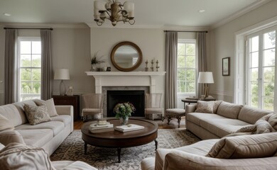 Tranquil Living Room with Plush Velvet Sofa