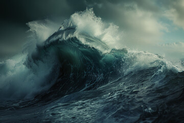 Obraz premium A powerful ocean wave, symbolizing the turbulent nature of life and its impact on others. Shot in the style of Canon EOS, with a realistic photographic style of hyperrealism